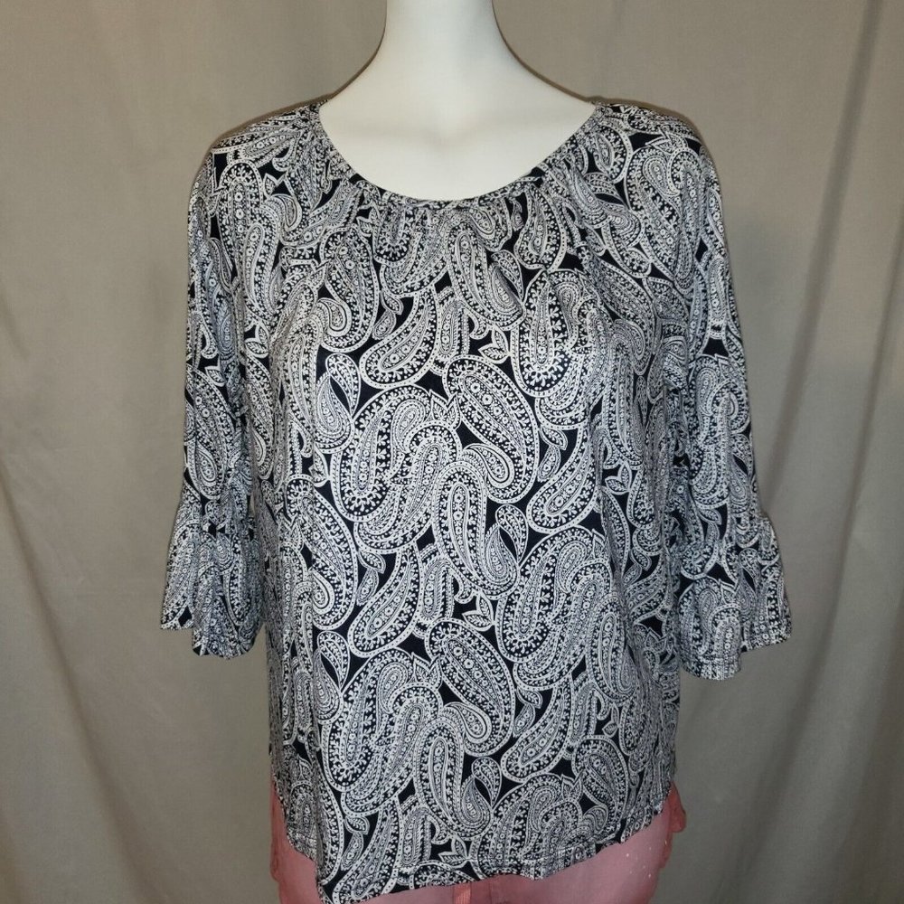 Michael Kors, Navy & White Paisley Blouse Size Medium 3/4 Bell Sleeve, NWOT